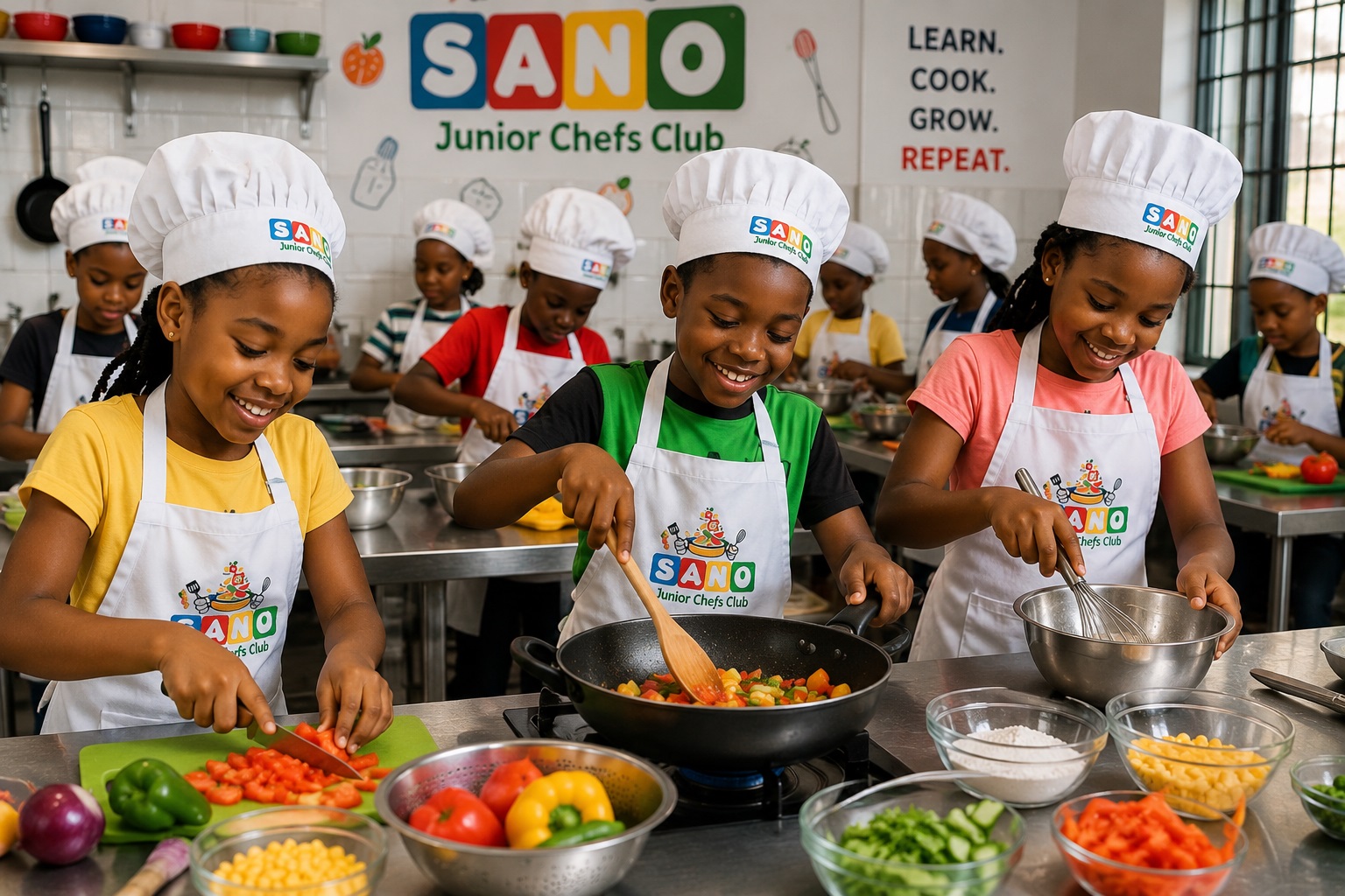 Kids cooking together in a bright kitchen