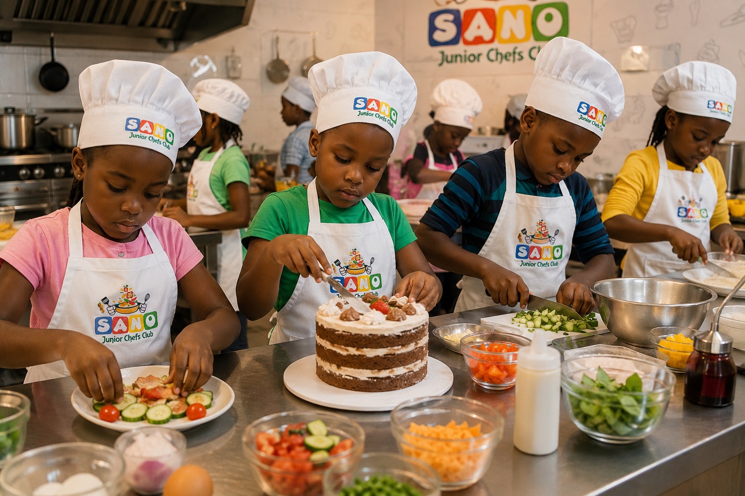 Kids cooking together in a kitchen